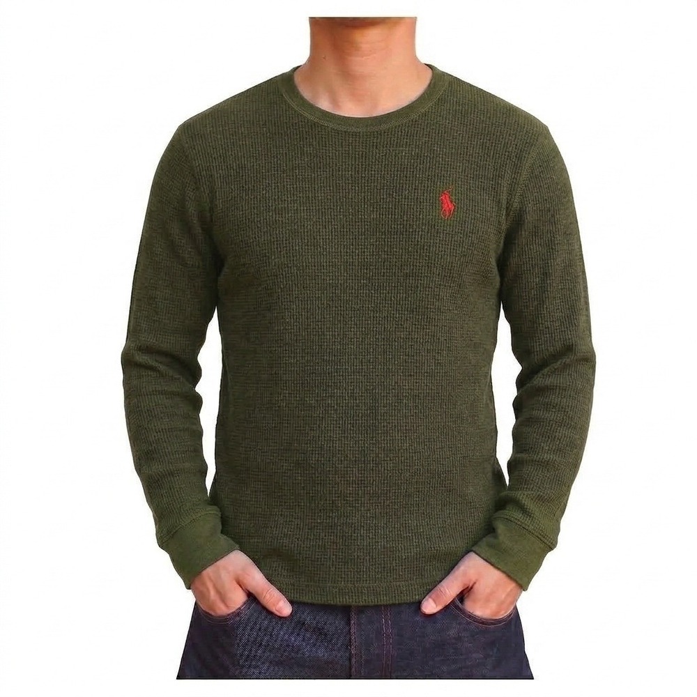 Polo Ralph Lauren Mens Waffle Knit Thermal Shirt Olive Green Red Pony Large